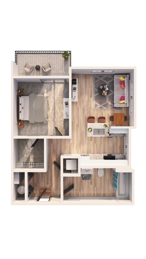 Floor plan for 1 bed, 1 bath, 625 sqft